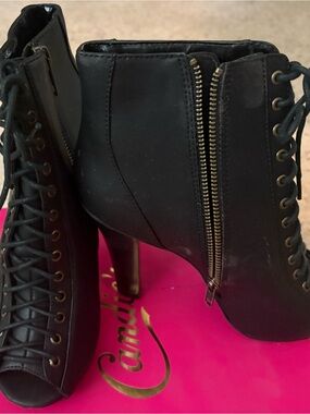 Candie's Black Lace-Up Peep-Toe Ankle Booties with Side Zip